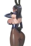  1girl adjusting_hair animal_ears ass back bangs black_hair bow_(bhp) breasts bunny_ears bunny_girl bunny_tail commentary_request elbow_gloves from_behind gloves huge_ass huge_breasts large_breasts leotard long_hair looking_back original pantyhose sideboob smile tail 