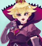  blonde_hair breasts cape crown dress earrings elbow_gloves freekaboo-art gloves high_collar highres jewelry lipstick looking_to_the_side makeup mario_(series) nintendo paper_mario:_the_thousand_year_door princess_peach purple_dress purple_eyes purple_gloves red_lipstick shadow_queen smile 