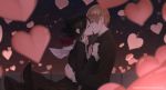  1boy 1girl bangs black_dress black_hair black_jacket blurry blurry_foreground brown_hair commentary depth_of_field dishwasher1910 dress english_commentary eyebrows_visible_through_hair eyes_closed folded_ponytail gakuran hair_ribbon heart hetero jacket kaguya-sama_wa_kokurasetai_~tensai-tachi_no_renai_zunousen~ kiss long_sleeves red_ribbon ribbon sailor_collar sailor_dress school_uniform shinomiya_kaguya shirogane_miyuki upper_body watermark web_address white_sailor_collar 