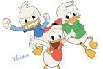  2018 4_fingers anatid anseriform anthro avian baseball_cap beak bird blue_clothing blue_shirt blue_topwear clothing dewey_duck disney duck ducktales ducktales_(2017) feathers fist green_clothing green_topwear group harara hat headgear headwear hi_res hoodie huey_duck looking_at_viewer louie_duck open_mouth open_smile red_clothing red_shirt red_topwear shirt signature simple_background smile t-shirt topwear webbed_feet white_background white_feathers yellow_beak young 