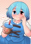  1girl blue_eyes blue_hair blue_skirt blue_vest blush bubble_tea chewing commentary_request cup debaa disposable_cup drink drinking_glass drinking_straw eyebrows_visible_through_hair frills gradient gradient_background hand_on_own_cheek heart heterochromia highres holding holding_cup looking_at_viewer moe puffy_sleeves red_eyes short_hair simple_background skirt smile solo tagme tatara_kogasa tea touhou vest 