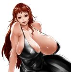  1girl absurdres areola_slip areolae bare_shoulders black_dress bonten breasts cleavage collarbone dress highres huge_breasts lips long_hair looking_at_viewer nami_(one_piece) one_piece open_mouth orange_hair red_eyes simple_background smile solo strap_gap tongue upper_teeth white_background 