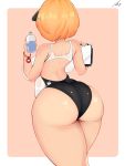  1girl absurdres artist_request ass backboob bare_shoulders bottle breasts character_request curvy from_behind hair_ornament hairclip highres huge_ass large_breasts last_origin one-piece_swimsuit orange_hair shiny shiny_clothes shiny_hair shiny_skin short_hair sideboob solo swimsuit thick_thighs thighs water_bottle wide_hips 