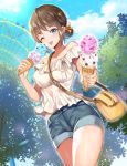  1girl bag bare_shoulders blue_eyes blue_sky blurry blush breasts brown_hair cloud cloudy_sky collarbone commentary_request cowboy_shot day denim denim_shorts depth_of_field ferris_wheel food giving hair_bun hair_ribbon highres holding holding_food ice_cream looking_at_viewer medium_breasts meisuke_mei midriff_peek off-shoulder_shirt off_shoulder one_eye_closed original outdoors outstretched_arm ribbon shirt short_hair short_shorts shorts shoulder_bag sidelocks sky solo standing thighs tongue tongue_out tree white_shirt yellow_ribbon 