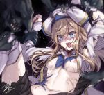  1girl blonde_hair blue_eyes boots breasts cropped crying crying_with_eyes_open despair dress forced frilled_shorts frills goblin_slayer! green_skin hat long_sleeves monster navel no_bra open_mouth peril pointy_ears priestess_(goblin_slayer!) rape saliva sanom sharp_teeth shorts small_breasts smile solo_focus spread_legs sweat tears teeth thigh_boots thighhighs torn_clothes wide-eyed wrist_grab 