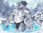  anthro bulge clothing dragon horn looking_at_viewer male muscular muscular_male oliver.lutro open_mouth outside smile snow solo underwear 