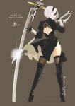  1girl ama_kagerou back_cutout black_dress black_gloves black_hair blindfold boots brown_legwear covered_eyes crossed_swords dress feather-trimmed_sleeves fighting_stance from_behind full_body gloves high_heel_boots high_heels highres juliet_sleeves katana long_sleeves nier_(series) nier_automata ootachi planted_sword planted_weapon puffy_sleeves short_hair side_slit silver_hair solo sword thigh_boots thighhighs thighhighs_under_boots twitter_username vambraces virtuous_contract virtuous_treaty weapon yorha_no._2_type_b 
