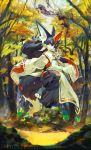  2014 4_toes 5_fingers anthro black_fur black_hair canid canine clothing forest fox fur hair hi_res japanese_clothing kemono kimono long_hair male mammal open_mouth ovopack solo standing toes tree yellow_eyes 