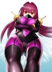  1girl alternate_costume ass bodysuit breasts covered_navel covered_nipples crossed_arms face_mask fate/grand_order fate_(series) g_gundam gundam highres kame_kame_happa large_breasts long_hair looking_at_viewer mask mobile_trace_suit pauldrons pink_bodysuit purple_hair rain_mikamura rain_mikamura_(cosplay) red_eyes scathach_(fate)_(all) scathach_(fate/grand_order) shoulder_armor skin_tight solo 