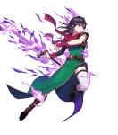  1girl armor black_hair boots breastplate earrings fire_emblem fire_emblem:_thracia_776 fire_emblem_cipher fire_emblem_heroes full_body highres jewelry mareeta_(fire_emblem) nintendo official_art pants red_eyes solo sword transparent_background weapon 