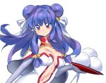  1girl bangs breasts capelet center_opening cleavage closed_mouth commentary_request cosplay crossover detached_sleeves double_bun dress eyebrows_visible_through_hair fate/grand_order fate_(series) food hair_ornament hair_ribbon holding holding_tray long_hair looking_at_viewer medium_breasts navel purple_hair ranma_1/2 red_eyes ribbon saint_martha saint_martha_(cosplay) shampoo_(ranma_1/2) shiny sidelocks smile solo tray upper_body white_background white_dress white_ribbon yostxxx 
