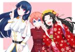  3girls arm_holding bangs belt black_hair blue_eyes blunt_bangs bun_cover chinese_clothes chyoling cravat double_bun double_v eyes_closed gintama grin hair_between_eyes hair_ornament hand_gesture haori hime_cut imai_nobume japanese_clothes kagura_(gintama) kimono long_hair long_sleeves multiple_girls open_mouth orange_hair purple_eyes short_hair simple_background smile tokugawa_soyo uniform v wide_sleeves 