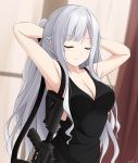  1girl ak-12 ak-12_(girls_frontline) armpits arms_behind_head assault_rifle bangs bare_arms bare_shoulders black_dress blurry blurry_background breasts cleavage closed_mouth collarbone commentary_request depth_of_field dress dutch_angle eyebrows_visible_through_hair eyes_closed girls_frontline grey_hair gun highres indoors keenh long_hair medium_breasts object_namesake ponytail rifle signature sleeveless sleeveless_dress smile solo very_long_hair weapon 