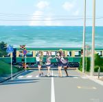  4girls ahoge akebono_(kantai_collection) apron badge bandaid bandaid_on_face bell black_hair black_legwear blue_hairband blue_skirt blue_sky blue_swimsuit brown_eyes brown_hair casual_one-piece_swimsuit cloud crosswalk day flower frilled_skirt frills green_jacket ground_vehicle hair_bell hair_bobbles hair_flower hair_ornament hairband highres horizon jacket jingle_bell kantai_collection kneehighs kuroinu9 long_hair multiple_girls oboro_(kantai_collection) ocean one-piece_swimsuit outdoors pink_eyes pink_hair pleated_skirt polka_dot polka_dot_swimsuit power_lines puffy_short_sleeves puffy_sleeves purple_eyes purple_hair railroad_crossing remodel_(kantai_collection) sazanami_(kantai_collection) scenery school_uniform serafuku short_hair short_sleeves side_ponytail sign skirt sky swimsuit swimsuit_under_clothes thighhighs train twintails ushio_(kantai_collection) very_long_hair white_legwear 