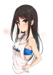  1girl absurdres black_hair blue_bra blue_eyes bra collarbone cropped_torso eyebrows_visible_through_hair from_side hair_between_eyes hand_on_hip highres idolmaster idolmaster_cinderella_girls long_hair looking_at_viewer murabito_c print_shirt shibuya_rin shirt simple_background sleeveless sleeveless_shirt solo underwear upper_body very_long_hair white_background white_shirt 