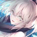  1girl black_hair blonde_hair blush dutch_angle fate/grand_order fate_(series) glasses hair_between_eyes kousaki_rui looking_at_viewer okita_souji_(fate)_(all) open_mouth over-rim_eyewear scarf semi-rimless_eyewear smile solo strap_gap wet yellow_eyes 