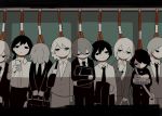  3girls 6+boys avogado6 bag bags_under_eyes black_bag black_eyes black_hair black_jacket black_neckwear black_pants black_skirt blank_stare book briefcase business_suit cellphone closed_mouth collared_shirt commentary_request empty_eyes flat_color formal gakuran grey_hair grey_jacket grey_pants grey_skirt hair_between_eyes hair_over_one_eye half-closed_eyes hand_up holding holding_bag holding_book holding_briefcase holding_clothes holding_jacket holding_phone jacket jacket_removed letterboxed limited_palette long_hair long_sleeves looking_at_viewer looking_away looking_down low_ponytail messy_hair multiple_boys multiple_girls necktie no_mouth no_pupils noose object_hug original pants phone reading school_bag school_uniform shadow shirt short_hair shoulder_bag skirt skirt_set skirt_suit smartphone spot_color suit train_interior translation_request v_arms white_bag white_eyes white_hair white_shirt wing_collar 