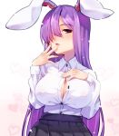  1girl animal_ears black_skirt blush breasts bunny_ears bunny_girl busujima_funya button_gap cleavage collared_shirt commentary_request fingers_to_mouth hair_over_one_eye hand_on_own_chest hand_up heart heart_background large_breasts long_hair no_bra parted_lips partially_unbuttoned pleated_skirt purple_hair red_eyes reisen_udongein_inaba shirt shirt_tucked_in simple_background skirt solo touhou very_long_hair white_shirt 