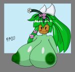  2019 anthro big_breasts blaster_master blush breasts clothed clothing eyewear female flora_fauna flower fn10 green_skin hair hi_res huge_breasts humanoid kanna_(blaster_master) long_hair nipples plant plant_humanoid simple_background smile solo solo_focus topless video_games 