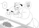  anthro belly big_belly black_and_white bowl canid canine canis chopsticks claws clothed clothing dialogue eating food fur holding_food holding_object hoodie iwano japanese_text male mammal monochrome obese obese_male open_mouth overweight overweight_male simple_background sitting solo speech_bubble text translation_request unseen_character white_background 