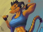  4:3 anthro athletic big_breasts blue_eyes breasts clothed clothing dew_dragon dragon eyelashes female food frill furgonomics furry-specific_piercing head_frill horn horn_piercing jewelry long_eyelashes muscular muscular_female orange_scales piercing scales scalie spiked_tail tail_clothing towel towel_on_shoulder water_bottle 