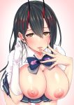  1girl absurdres azur_lane black_hair blue_skirt blush breasts breasts_outside cleavage commentary_request eyebrows_visible_through_hair gloves grey_background hair_between_eyes hair_ornament half-closed_eyes hand_to_own_mouth highres kira_kazuki large_breasts leaning_forward lips long_hair looking_at_viewer nipples oni_horns open_clothes parted_lips pleated_skirt school_uniform shirt simple_background single_glove skirt sleeves_folded_up solo suzuya_(azur_lane) white_gloves white_shirt yellow_eyes 