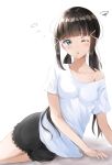  1girl absurdres bangs black_skirt blue_eyes blunt_bangs breasts brown_hair commentary_request eyebrows_visible_through_hair feet_out_of_frame hair_ornament hairclip head_tilt highres kurosawa_dia long_hair looking_at_viewer love_live! love_live!_sunshine!! low_twintails mole mole_under_mouth one_eye_closed parted_lips shadow shirt short_sleeves sin_(sin52y) skirt sleepy small_breasts solo squiggle tears twintails very_long_hair waking_up white_background white_shirt 