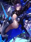  1girl armor armored_boots arms_up ass bangs blue_eyes blue_ribbon blush boots breasts crotch_plate eyebrows_visible_through_hair fate/grand_order fate_(series) floating_hair glint hair_ribbon highres kim_eb knee_up long_hair long_sleeves looking_at_viewer meltryllis purple_hair revealing_clothes ribbon sleeves_past_wrists smile solo stomach thighhighs very_long_hair 