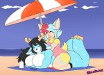  2019 25:18 antlers beach big_breasts bikini bikini_top bottle breast_squish breasts cervid clothed clothing deerling domestic_cat eyewear felid feline felis flower gin-blade glasses hair hi_res hooves horae_deerling horn huge_breasts hybrid long_hair lying mammal nintendo one-piece_swimsuit plant pok&eacute;mon pok&eacute;mon_(species) rylie_(hypernovagm) sand sea seaside short_stack spots squish sunscreen swimwear thick_thighs topless towel umbrella video_games water wide_hips 