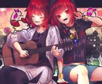  2girls :d acoustic_guitar arm_support arm_up bangs beamed_eighth_notes black_choker black_legwear black_shirt bracelet chains choker clothes_writing collarbone commentary_request denim denim_shorts eighth_note eyebrows_visible_through_hair eyes_closed feet_out_of_frame guitar headphones headphones_around_neck heart hecatia_lapislazuli highres holding holding_instrument horikawa_raiko instrument jacket jewelry letterboxed long_sleeves midriff_peek multiple_girls musical_note nail_polish open_clothes open_jacket open_mouth outside_border pantyhose polos_crown purple-framed_eyewear red_eyes red_hair red_nails shirt shometsu-kei_no_teruru short_hair short_sleeves shorts side_slit sitting skirt smile sunglasses t-shirt touhou white_jacket white_skirt 