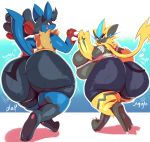  2019 absurd_res anthro ass_clapping big_breasts big_butt blue_fur breasts butt canid canine clothing digital_media_(artwork) duo felid feline female fur girly hi_res huge_breasts huge_butt legendary_pok&eacute;mon looking_back male mammal mega_evolution mega_lucario nintendo pants pok&eacute;mon pok&eacute;mon_(species) rear_view shirt smile text thick_thighs topwear trinity-fate62 video_games voluptuous yellow_fur zeraora 