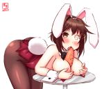  1girl alternate_costume animal_ears artist_logo ass back bare_shoulders between_breasts blush bow bowtie breast_rest breasts brown_hair brown_legwear bunny_ears bunny_girl bunny_tail bunnysuit cleavage covered_navel cowboy_shot dated detached_collar fake_animal_ears furutaka_(kantai_collection) glowing glowing_eye hair_ornament hair_over_shoulder hairclip highres kanon_(kurogane_knights) kantai_collection large_breasts leotard looking_at_viewer pantyhose red_leotard short_hair signature simple_background solo strapless strapless_leotard table tail white_background wrist_cuffs yellow_eyes 