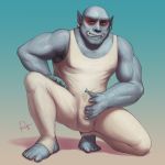  1:1 2019 5_fingers 5_toes anthro arm_hair biceps biped blue_eyes body_hair bulge chest_hair claws clothed clothing digital_media_(artwork) enoch_kersey erection erection_under_clothing fangs feet front_view fully_clothed gradient_background grey_skin grin hairy hi_res humanoid leotard looking_at_viewer male muscular muscular_male not_furry on_one_knee orc plantigrade pointy_ears precum rov signature simple_background smile solo teeth tight_clothing toe_claws toes white_claws 