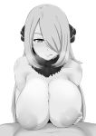 1boy 1girl areolae bare_shoulders blush breast_squeeze breasts creatures_(company) cum cum_on_body fur_trim game_freak greyscale hair_between_eyes hair_ornament hair_over_one_eye hetero highres huge_breasts inverted_nipples large_areolae licking_lips long_hair looking_at_viewer monochrome nao_(ritsancrossover) nintendo nipples paizuri pokemon pokemon_(game) pokemon_dppt pokemon_platinum pov shirona_(pokemon) simple_background smile sweat tongue tongue_out white_background 