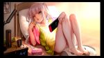  1girl as109 bangs bare_legs barefoot blue_eyes blush brown_eyes chips cup eating eyebrows_visible_through_hair food game_console handheld_game_console heterochromia highres holding indoors kagura_mea kagura_mea_channel long_hair looking_at_viewer lying nintendo nintendo_switch on_back open_mouth oversized_clothes oversized_shirt panties pillow potato_chips shirt short_sleeves sidelocks silver_hair snack solo source_request tissue_box toes twintails underwear very_long_hair virtual_youtuber white_panties 