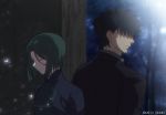  1boy 1girl back-to-back black_coat black_hair emiya_kiritsugu eyebrows_visible_through_hair eyes_closed fate/zero fate_(series) forest green_hair hair_between_eyes hair_over_one_eye hisau_maiya meiji_ken nature short_hair smile tree twitter_username upper_body 