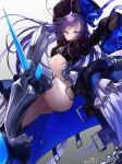  1girl armor armored_boots arms_up ass bangs blue_eyes blue_ribbon blush boots breasts crotch_plate eyebrows_visible_through_hair fate/grand_order fate_(series) floating_hair glint hair_ribbon highres kim_eb knee_up long_hair long_sleeves looking_at_viewer meltryllis purple_hair revealing_clothes ribbon sleeves_past_wrists smile solo stomach thighhighs very_long_hair 