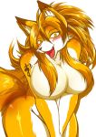  anthro big_breasts black_fur black_nose blush breasts canid canine convenient_censorship dipstick_ears ear_tuft eyelashes fangs female fox fur glistening glistening_fur hair hair_covering_breasts hi_res kemono leaning leaning_forward looking_at_viewer mammal multicolored_ears multicolored_fur nude open_mouth open_smile orange_fur orange_hair pink_tongue portrait s.wolf smile solo tattoo three-quarter_portrait tongue tuft white_fur yellow_eyes 