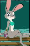  2:3 absurd_res amazinggwen anthro bikini bottomless clothed clothing cola crossed_legs disney female hi_res judy_hopps lagomorph leporid looking_at_viewer mammal rabbit solo swimwear zootopia 