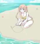  1girl amputee beach bikini cloud drawing food fruit green_eyes ibarazaki_emi katawa_shoujo lemon long_hair open_eyes seashell shell sitting sky smile starfish stick swimsuit third-party_edit twintails yellow_bikini 