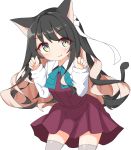  1girl animal_ears black_hair blue_bow blush bow brown_hair cat_ears cat_girl cat_tail closed_mouth collared_shirt commentary_request dress fang fang_out grey_legwear hair_ribbon highres ichi kantai_collection kemonomimi_mode long_sleeves multicolored multicolored_eyes multicolored_hair naganami_(kantai_collection) purple_dress purple_eyes ribbon shirt simple_background sleeveless sleeveless_dress sleeves_past_wrists smile solo tail tail_raised thighhighs two-tone_hair white_background white_ribbon white_shirt yellow_eyes 