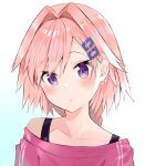  1boy astolfo_(fate) bangs braid casual collarbone commentary_request eyebrows_visible_through_hair fate/apocrypha fate_(series) hair_between_eyes hair_intakes hair_ornament hairclip head_tilt highres kusumoto_touka long_hair looking_at_viewer male_focus multicolored_hair off-shoulder_shirt off_shoulder parted_bangs parted_lips pink_hair pink_shirt portrait purple_eyes shiny shiny_hair shirt simple_background single_braid solo streaked_hair trap white_background white_hair 
