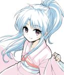  1girl blue_hair blush botan_(yuu_yuu_hakusho) closed_mouth commentary_request dress japanese_clothes kimono long_hair looking_at_viewer ponytail purple_eyes simple_background smile solo walkure white_background yuu_yuu_hakusho 