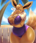  2019 anthro anthrofied areola areola_slip big_breasts breasts brown_areola camel_toe clothed clothing detailed_background eevee female front_view looking_at_viewer mleonheart nintendo nipple_outline open_mouth outside pok&eacute;mon pok&eacute;mon_(species) pok&eacute;morph purple_eyes slightly_chubby smile solo standing swimwear text thick_thighs video_games wide_hips 