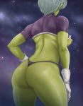  1girl ass breasts chirai dragon_ball dragon_ball_super dragon_ball_super_broly from_behind gloves green_skin hand_on_hip medium_breasts nipples short_hair short_sleeves silver_hair sky solo star star_(sky) starry_background starry_sky thelorope thong white_gloves 