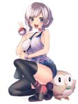  1girl :d bangs bare_shoulders black_legwear blue_eyes blush breasts creatures_(company) eyebrows_visible_through_hair full_body game_freak gen_7_pokemon hakusai_ponzu hand_up holding holding_poke_ball looking_at_viewer medium_breasts mizuki_(pokemon) nintendo open_mouth poke_ball poke_ball_(generic) pokemon pokemon_(creature) pokemon_(game) pokemon_sm rowlet shirt short_hair silver_hair simple_background smile swept_bangs tank_top teeth thighhighs white_background white_shirt 