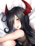  1girl asymmetrical_bangs azur_lane bakugadou bangs bare_shoulders bed_sheet black_hair bodysuit breasts condom condom_in_mouth dakimakura eyes_visible_through_hair friedrich_der_grosse_(azur_lane) grin hair_over_one_eye horn_ornament large_breasts long_hair looking_at_viewer lying mouth_hold nail_polish nipples on_side red_nails sleeveless smile solo straight_hair taut_clothes torn_bodysuit torn_clothes turtleneck upper_body 