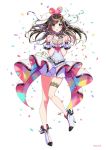  1girl a.i._channel ankle_boots bangs bare_legs bare_shoulders blush boots brown_hair character_name collarbone commentary_request confetti copyright_name detached_sleeves eyebrows_visible_through_hair full_body hairband heart high_heel_boots high_heels jewelry kizuna_ai long_hair looking_at_viewer morikura_en multicolored_hair neck_garter official_art own_hands_together panties pink_hair pink_hairband ring short_sleeves shorts simple_background smile solo strapless streaked_hair swept_bangs thigh_gap thighlet underwear virtual_youtuber waist_cape white_background white_footwear white_shorts wrist_cuffs 