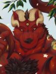  3_eyes anthro chest_tuft eyebrows foulei fur horn kemono male multi_eye nspg raised_eyebrow red_fur tree tuft yellow_eyes 