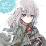  1girl artist_name bangs black_jacket blue_eyes closed_mouth commentary_request dated dress_shirt english_text eyebrows_visible_through_hair girls_und_panzer grey_coat happy_birthday highres insignia itsumi_erika jacket jacket_on_shoulders kuroi_mimei kuromorimine_military_uniform light_particles long_hair long_sleeves looking_back military military_uniform partial_commentary red_shirt shirt signature silver_hair smile solo uniform upper_body wind wing_collar 
